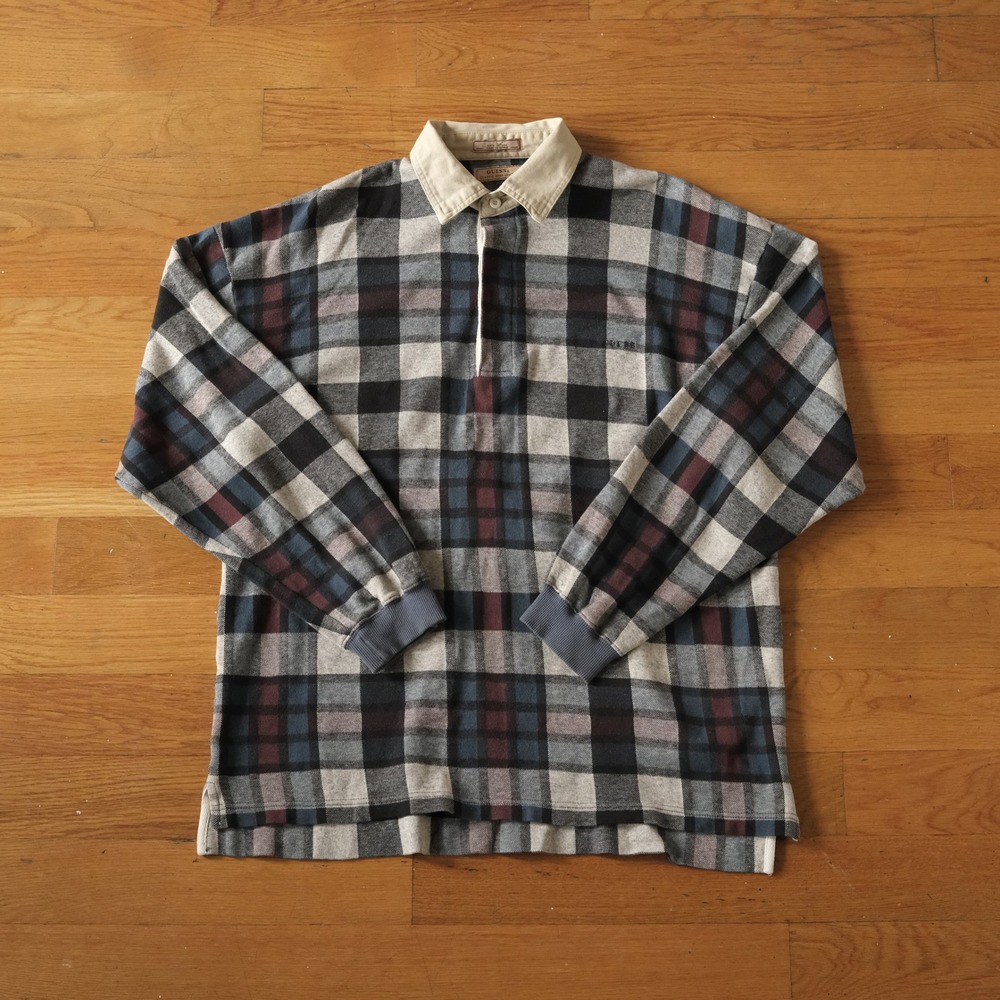 Guess Rugby Shirt Mens Multicolor Plaid Long Sleeve 90s Grunge Large‎ Vintage